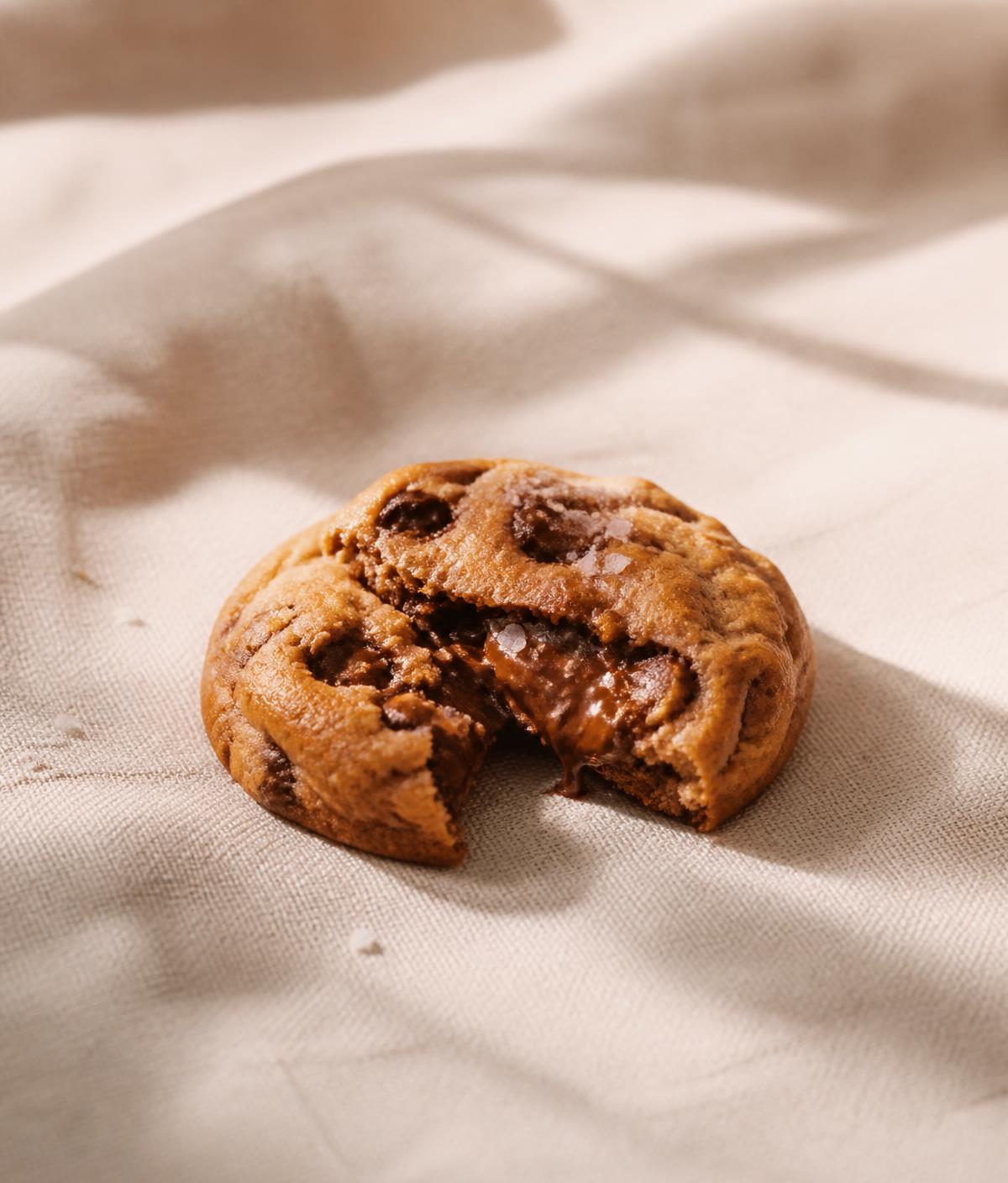 Cookie recheado artesanal sobre linho claro